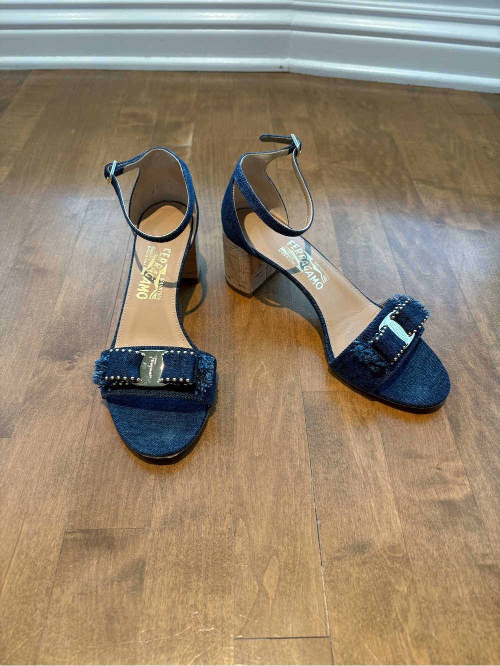 Salvatore Ferragamo Denim Navy Block Heel Sandals with Bow Accent